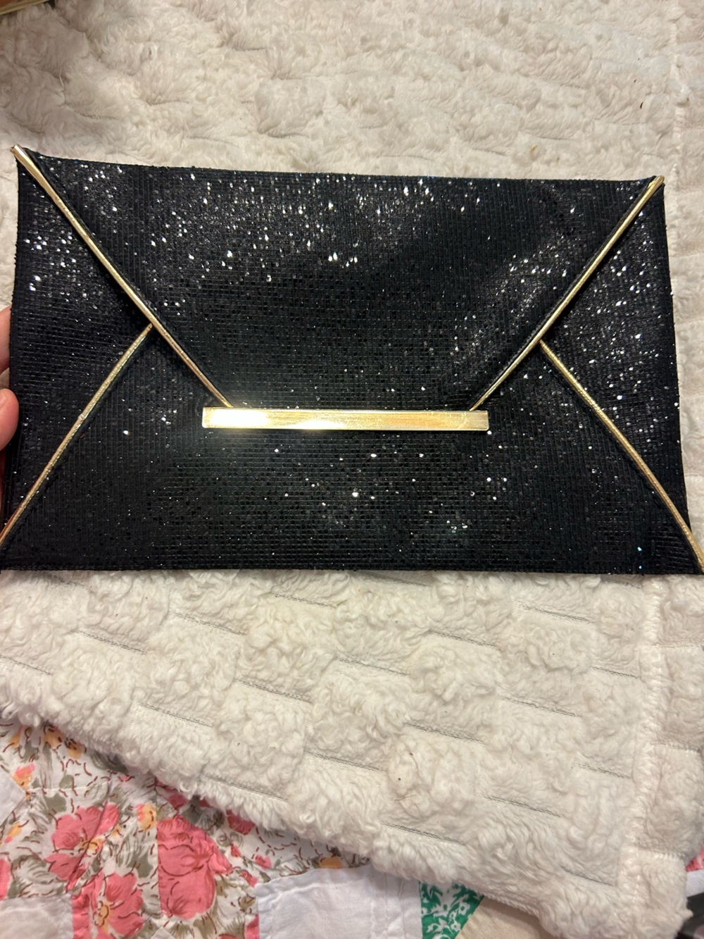 Black Glitter Envelope Clutch Evening Bag with Gold Trim
